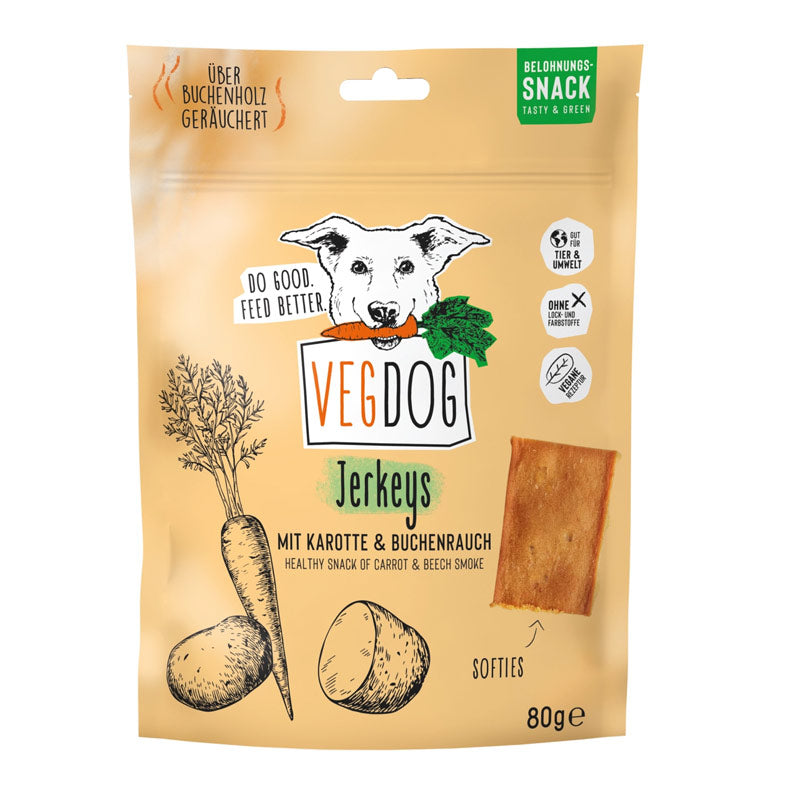 VEGDOG Jerkeys 80 g - friandises carotte et fumée de hêtre pour chiens